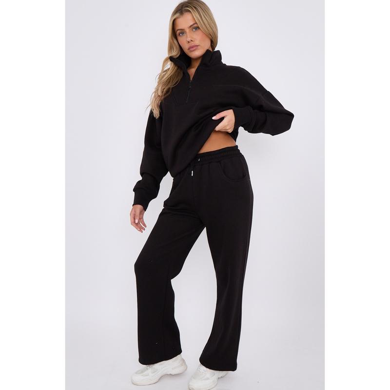 Women's 1/2 Zip Fleece Co-ord Set - Sweatshirt & Wide Leg Joggers with Pockets - Womenswear, Suits Minimalist Basic Suits Comfort Long Sleeve Casual Casual 3