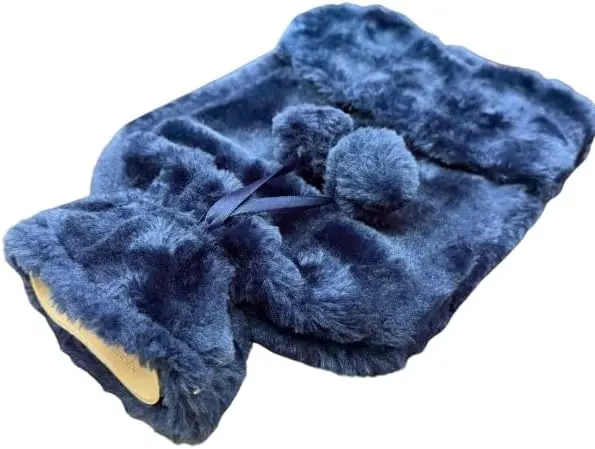Luxury Faux Fur Hot Water Bottle with Pom Poms – 2 Litre Ultra-Soft Blue Hot Water Bottle & Sleep Mask 1