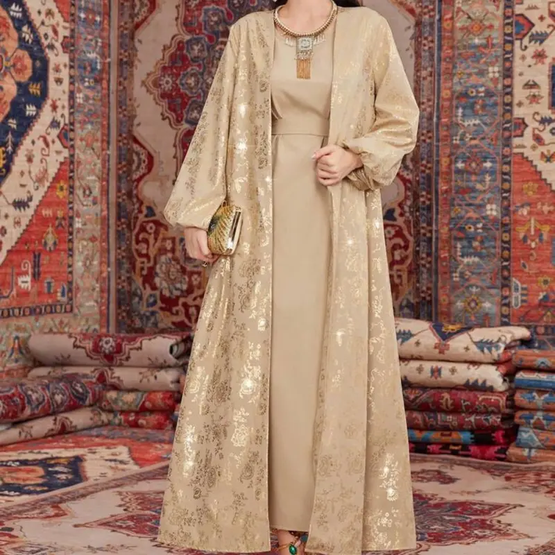 Elegant Golden Embroidered Open Abaya with Matching Inner Dress 0