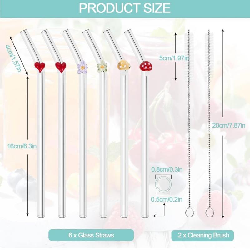 6pcs Heart, Flower & Mushroom Reusable Glass Straws with 2 Cleaning Brushes Shatter Resistance Eco Friendly (20cm) Drinkware 1
