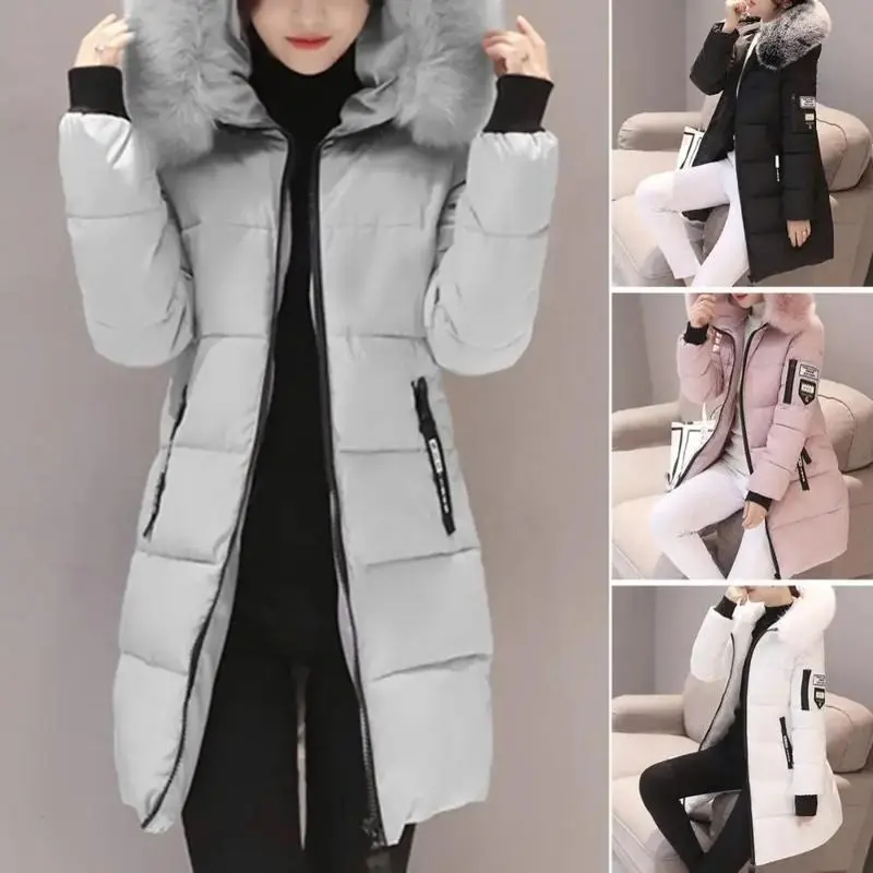 Women Winter Cotton Coat Hooded Mid Length Outerwear Windproof Warm Long Sleeve Jacket Solid Color Slim Fit Lady Down Coat 1