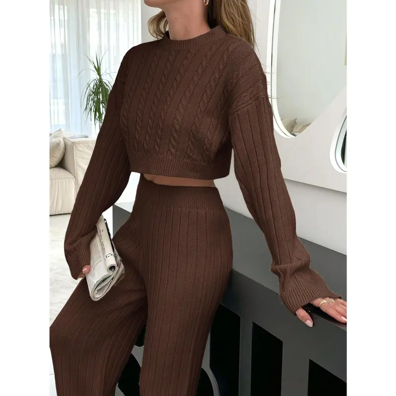 2pcs Women Solid Color Stand Collar Long Sleeve Sweater Top And Long Pants Casual Knitwear Set Clothing Fit Womenswear Suits Fabric Comfort Basic Minimalist 1