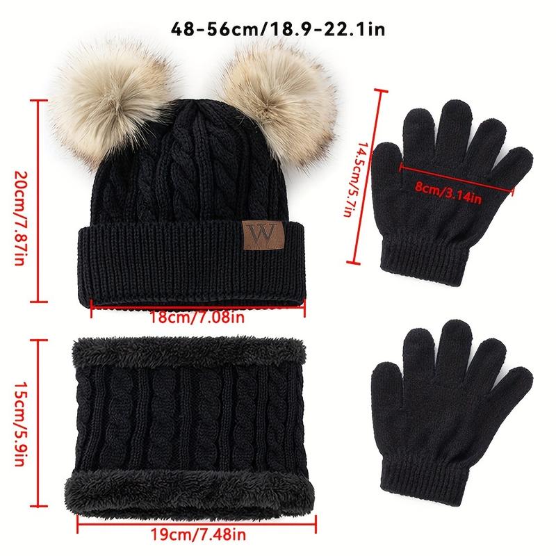 A set of Youngsters's autumn and winter three-piece set of cold-proof and warm suits including double ball knitted hat, scarf, gloves, fashionable and versatile brimless hat suitable for outdoor camping, hiking, and skiing 5