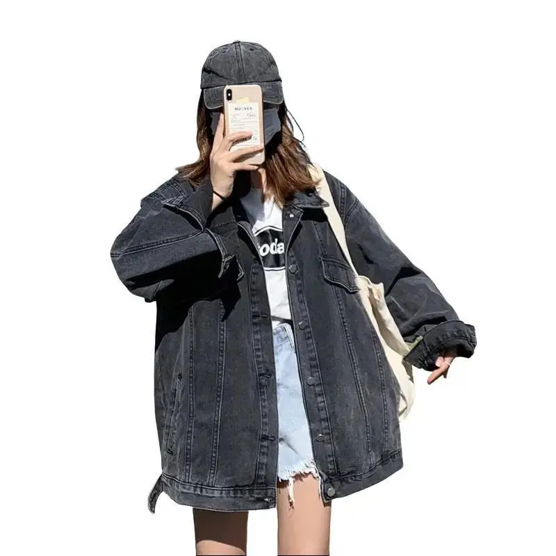 Black Denim Jacket Top Women's Simple Loose Jean Coats for Women New Trendy Button Long Sleeve Outwear coat