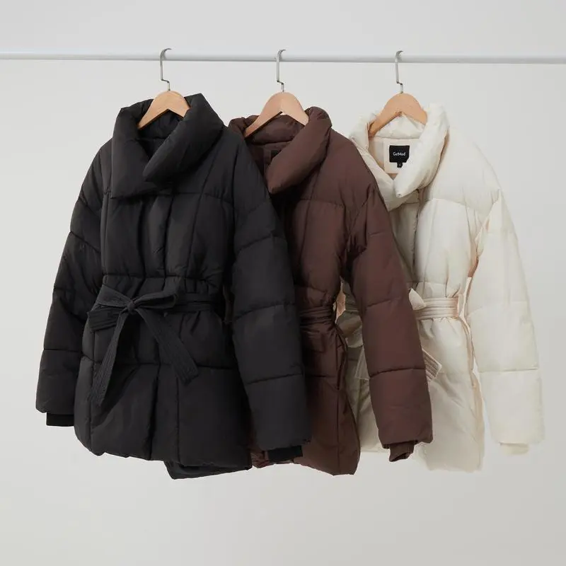 [2024][Special Promotions]2025 NEW Mid Length Belted Puffer Jacket Women Casual Coat Splashproof Cream-Basicc