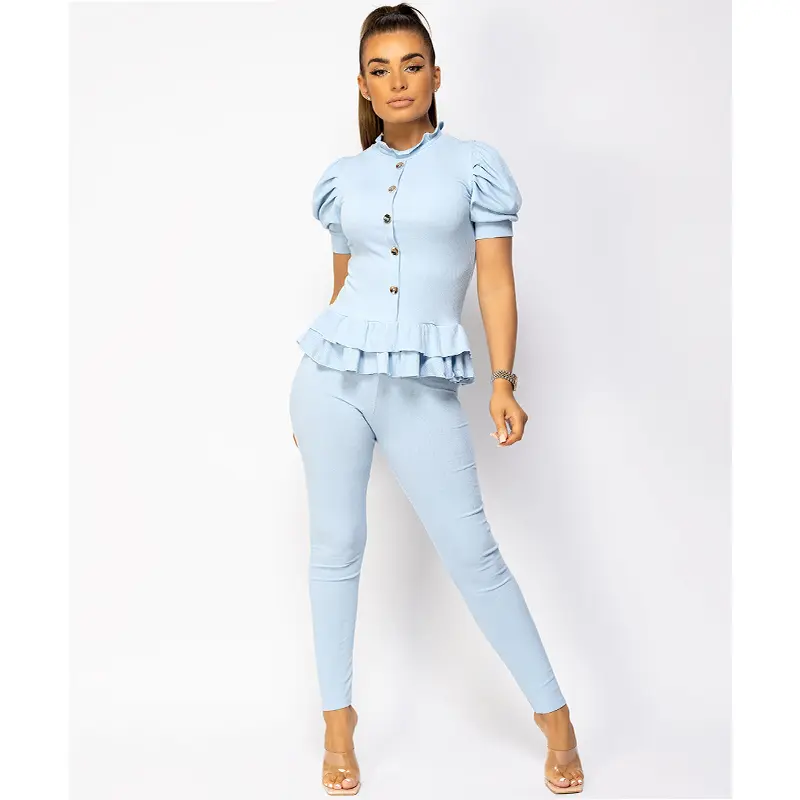 Lexi Fashion Womens Short Sleeve Loungewear Suit 2Pc Frill Peplum Rib Set Basic Comfort