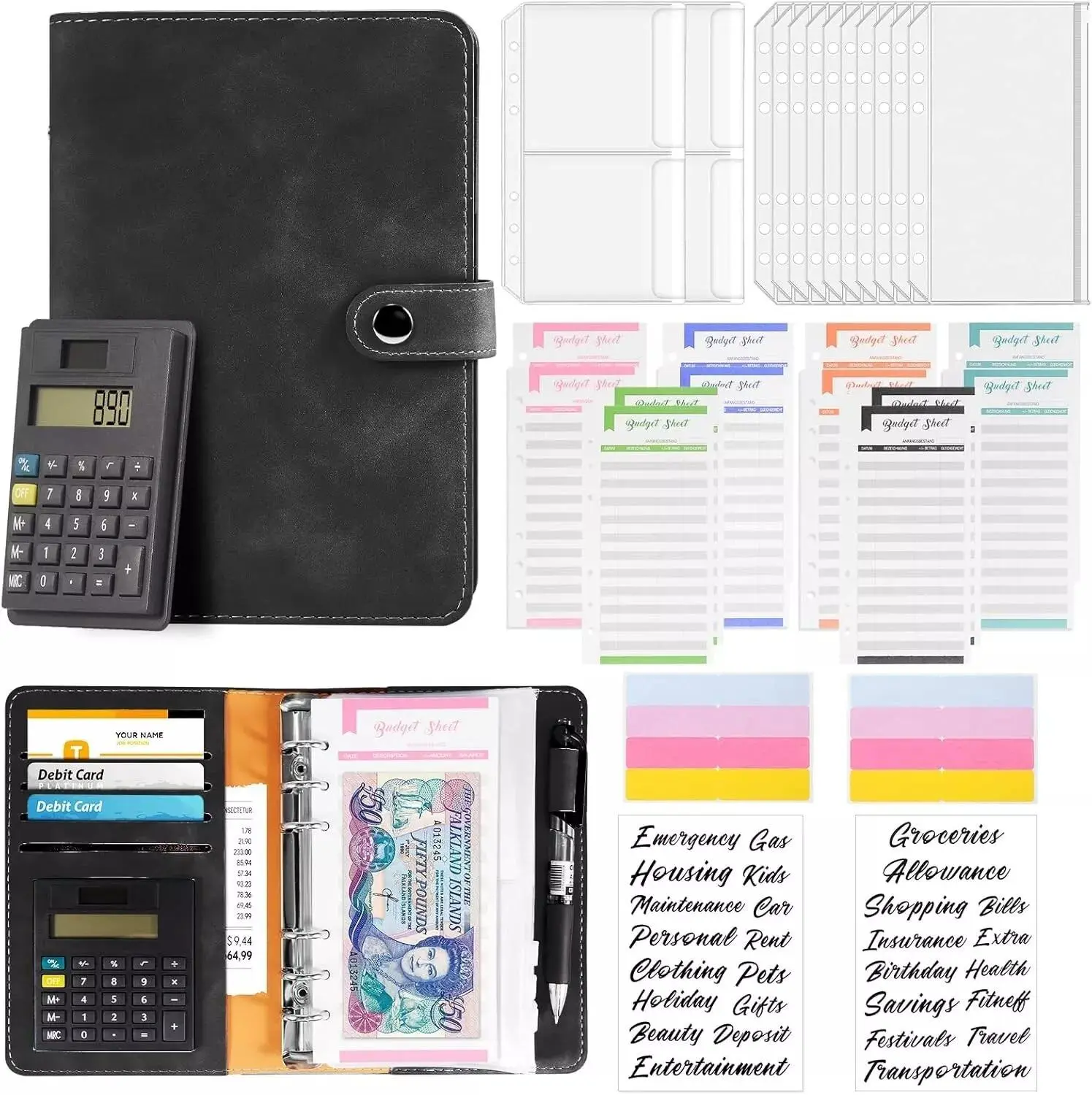 30Pcs A6 Leather Budget Binder with Calculator, Money Saving Wallet and Budget Sheets