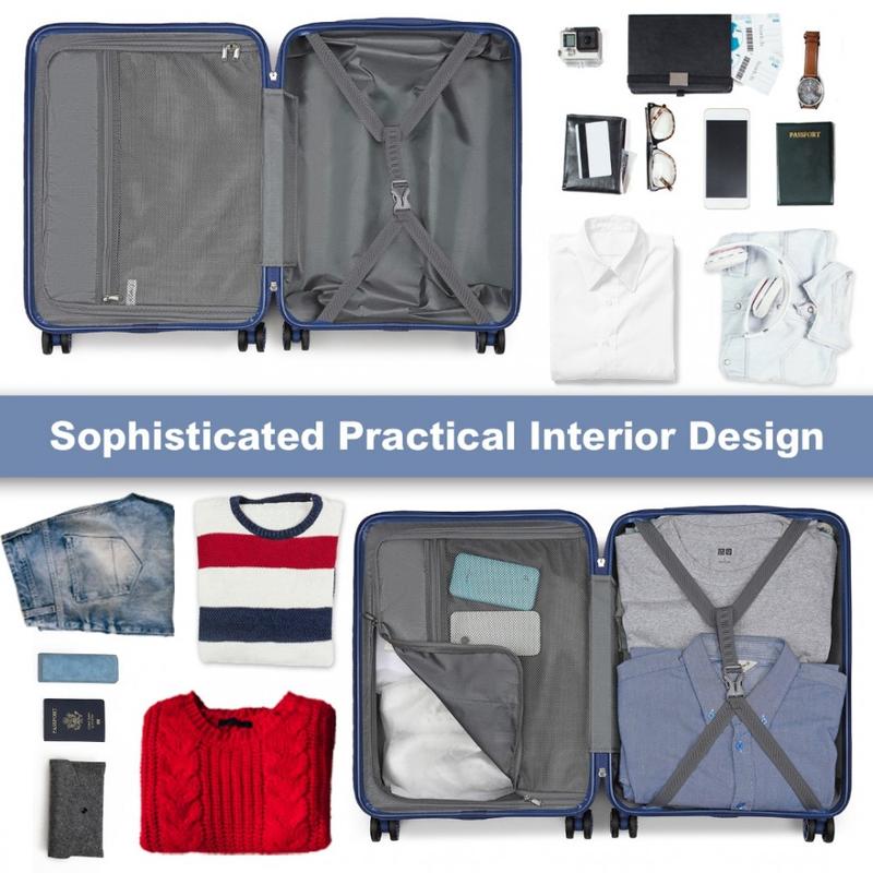 [MissLulu Bags] Box Design Expandable 20''/24''/28'' Sleek Striped ABS+PC Suitcase With TSA Lock And Four Spinner Wheels - Navy Blue 6