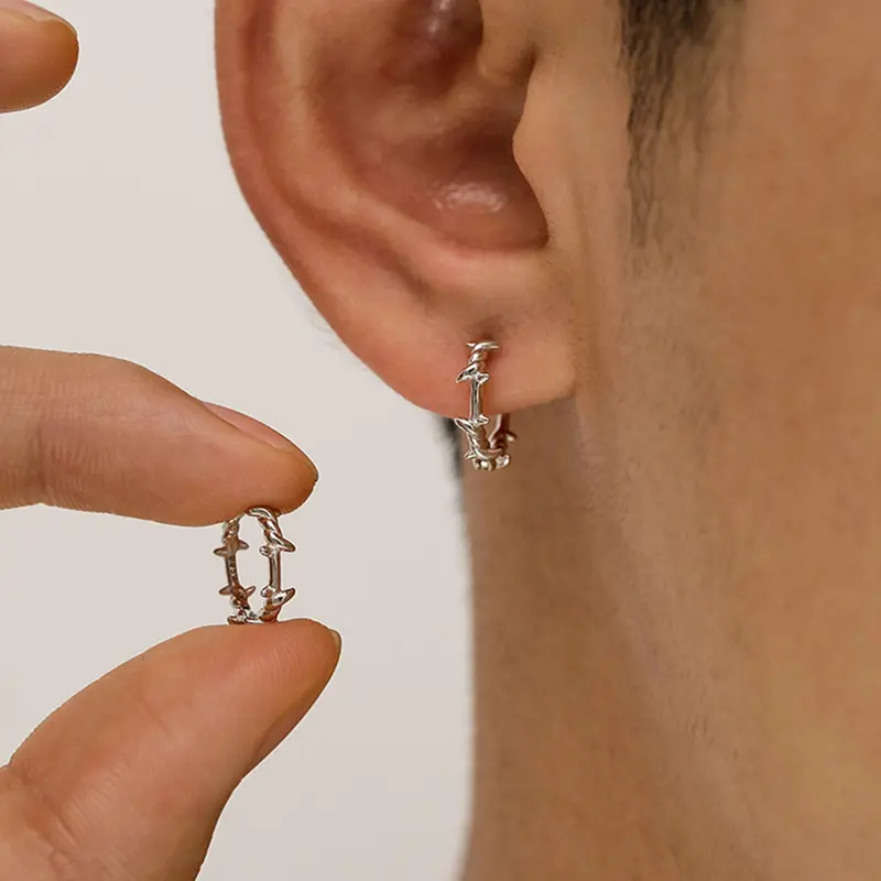 925 Sterling Silver Barb Wire Hoop Sleeper Earrings with Twisted Thorn Branch Design 1