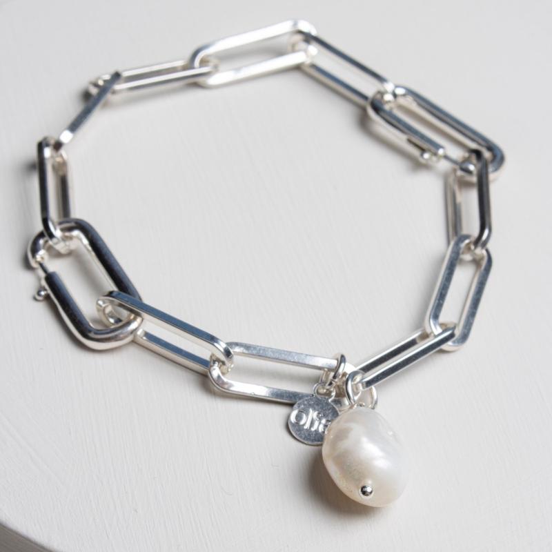 Belinda Waterproof Chunky Baroque Pearl Paperlink Bracelet - Silver Plated Stainless Steel 2