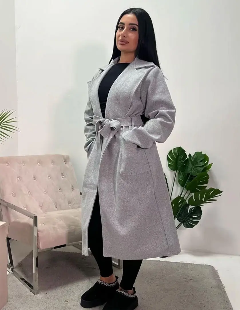 Womens Casual Long Sleeve Lapel Collar 2 Front Pockets Tie Up Long Coat Ladies Outdoor Winter Warm Belted Waist Trench Duster Long Coat Jacket