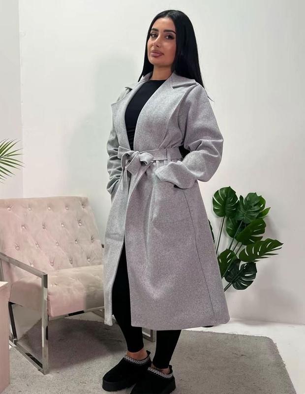 Womens Casual Long Sleeve Lapel Collar 2 Front Pockets Tie Up Long Coat Ladies Outdoor Winter Warm Belted Waist Trench Duster Long Coat Jacket 0