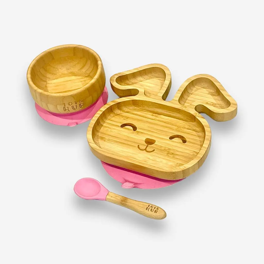 Bunny Shaped Kids Bamboo Suction Plate & Bowl Set - Pink Blue Grey
