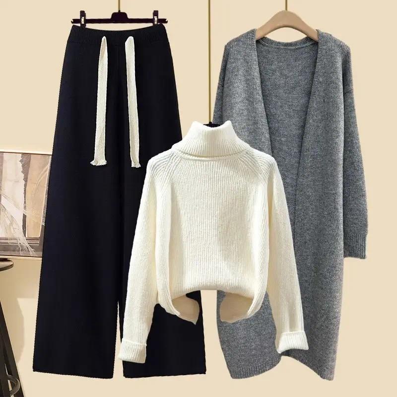 Product Introduction of [2025] plus size women's winter cardigan jacket polo/turtle neck sweater bell bottoms three-piece set new style long length 25