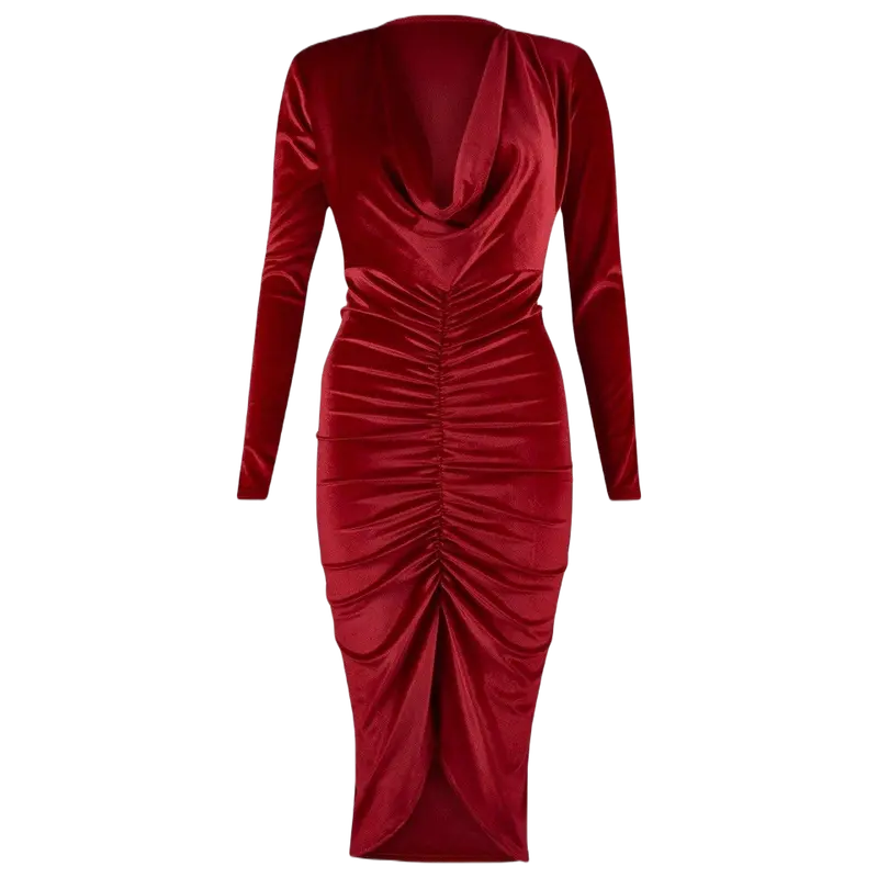 Women’s Bodycon Midi Dress Ladies Velvet Ruched Party Dresses Long Sleeve Cowl Neck Womens Event And Club Wear Plus Size UK 8-26 Formal Comfort Womenswear Fit Chic Formal Wear Elegance Elegant 3
