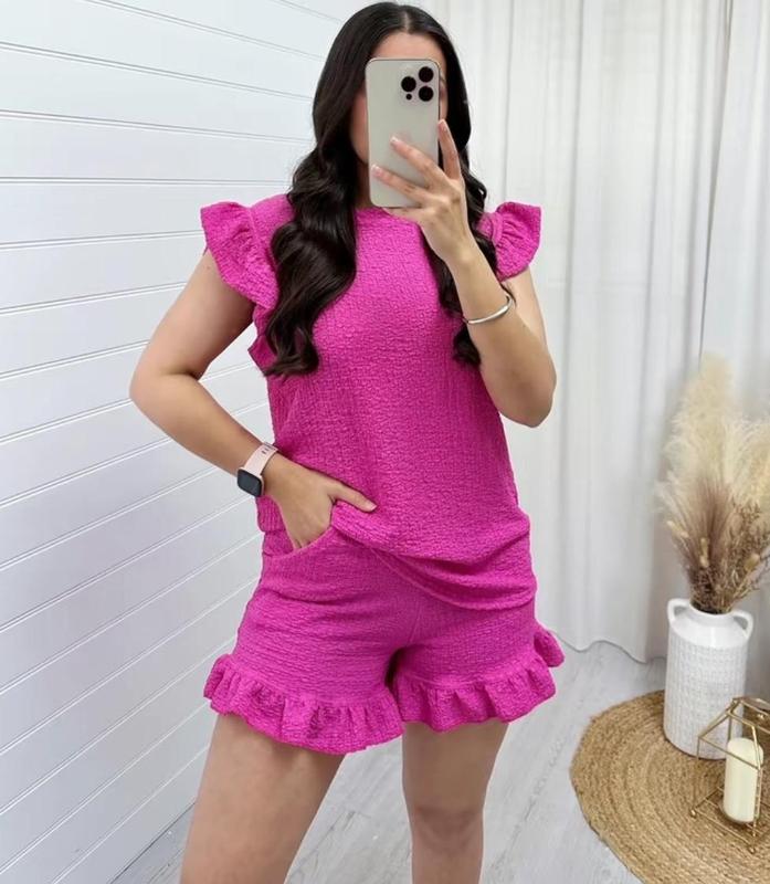 Women's Super Soft Pop Corn Materi Frill Sleeve Short 2PCS Co Ord Loungewear Sets 5