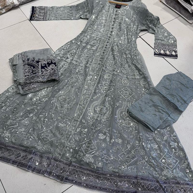 Silver/Grey JASMIN Long dress suit 3 piece Pakistani embroidered chiffon duppatta wedding edt S-XL Womenswear 5