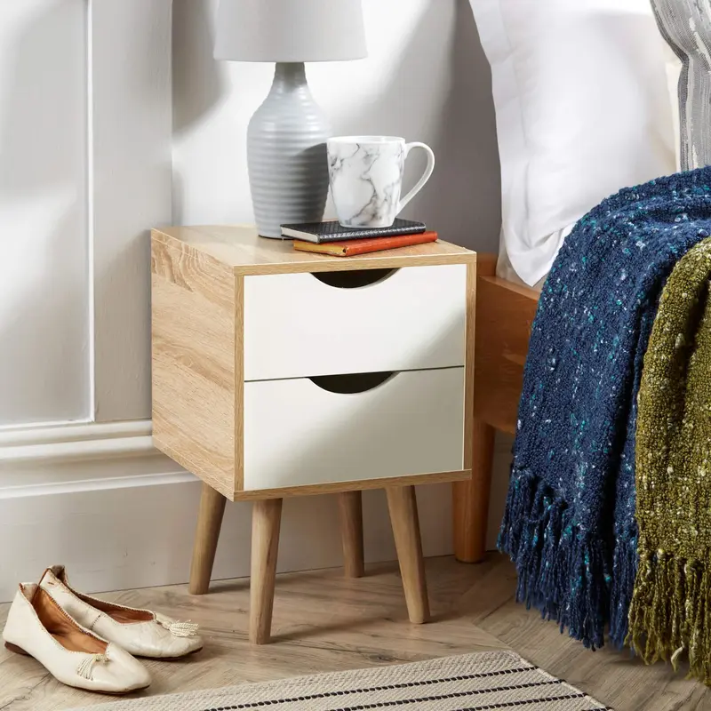 Big Furniture Warehouse Bedside Cabinet 2 Drawer Oak White Lamp Side Table Solid Wood Legs Scandi Style 2