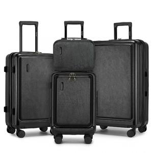 [MissLulu Bags] Metallic Design Cabin Size Suitcase with Front Pocket in 4pc Set 20''/24''/28'' with 13'' Vanity Case and TSA lock and 360 degree wheels - Black