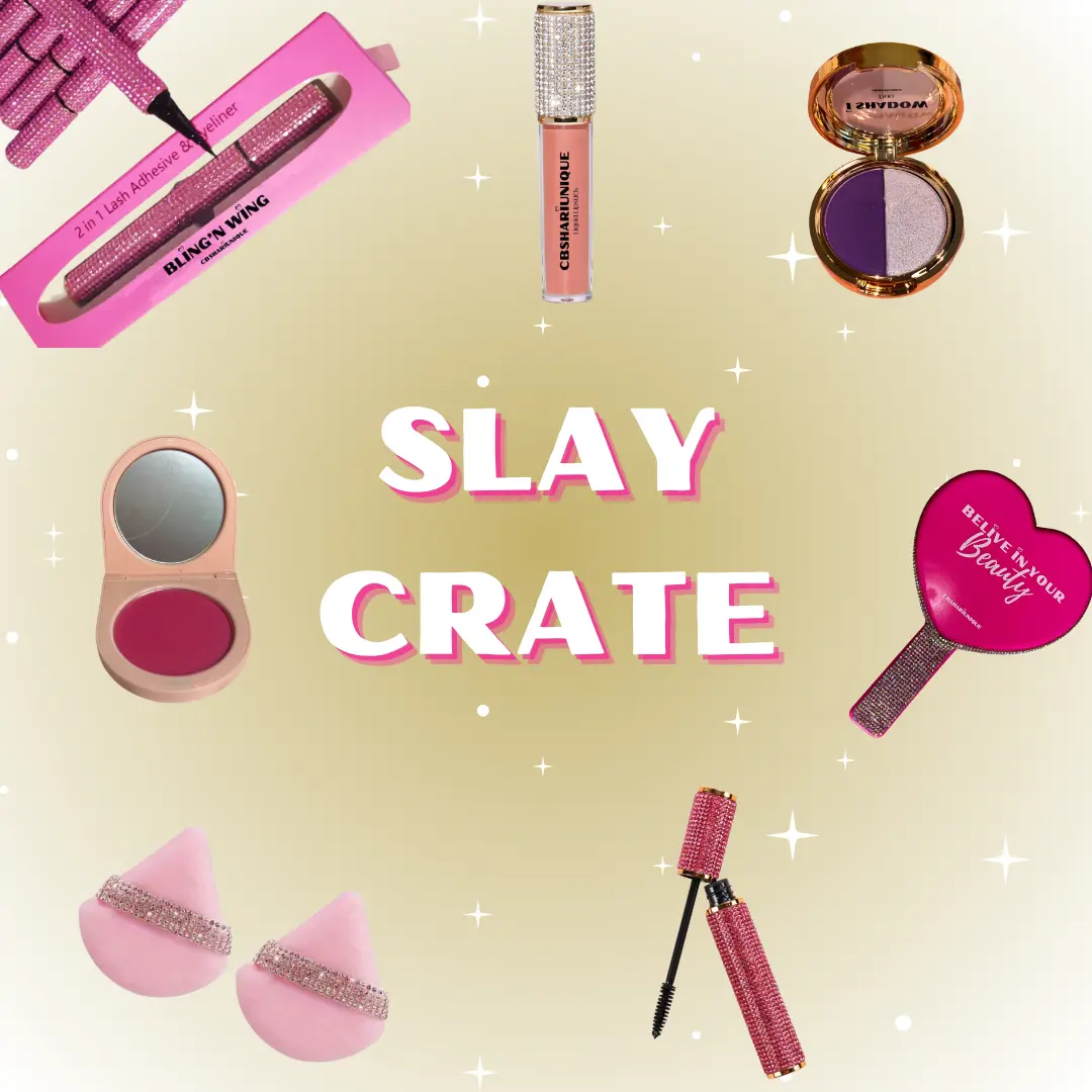 CBSHARIUNIQUE - Slay Crate Bundle (6 Items) - A selection of cosmetics, Lip Balm, Lipgloss, Mirror, Eyeshadow, Mascara