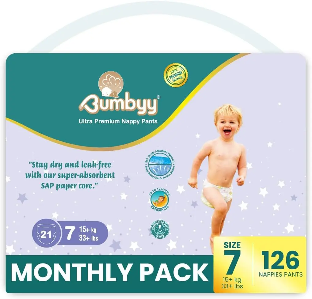 Bumbyy Premium nappy pants - baby nappies size 7 (15+kg, 33+lbs), 126 count Savings Pack with Ultra-Absorbent SAP Core - Chemical free & dermatologically tested Soft & Thin Pull ups for Sensitive Skin