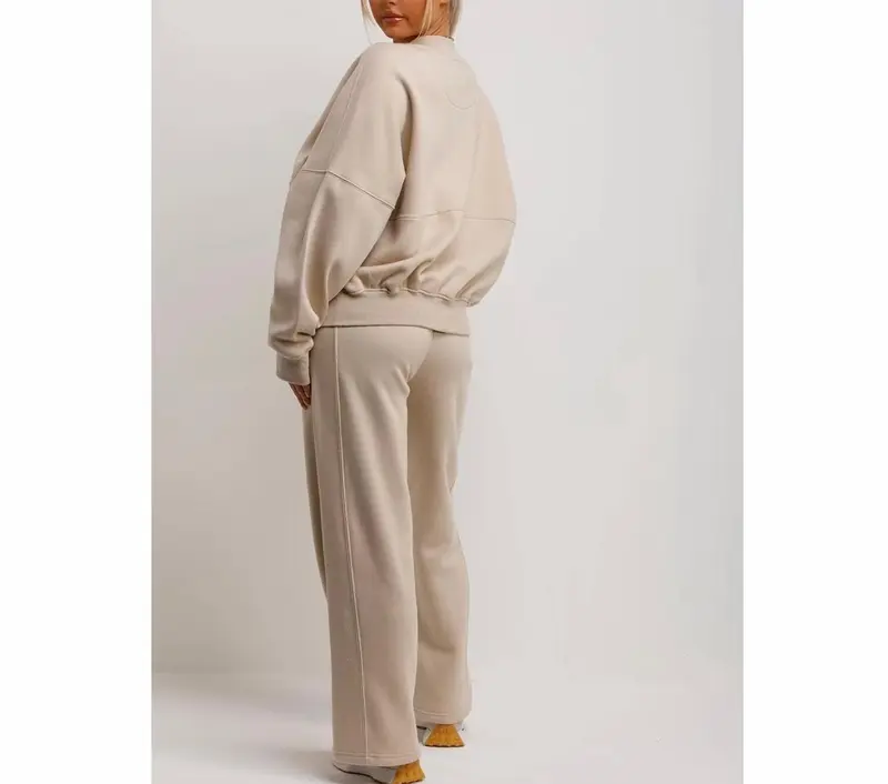 Bomber Sweatshirt With Zip And Joggers Loungewear Set Oatmeal Womenswear 2