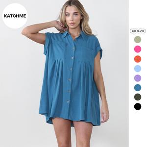 KatchMe Women's Plain Commuter Collared Neck Short Sleeve Button-Up Ruched Shirtdress,Casual Womenswear,Summer Dresses,Front Pocket Loose Dress