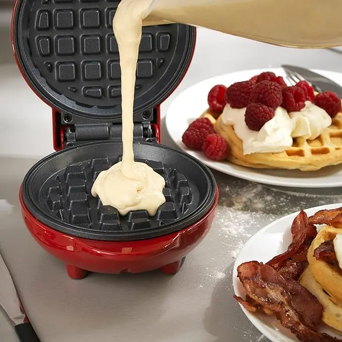 EK4214G Mini Waffle Maker, Non-Stick Electric Waffle Machine, 550 W, Compact Snack Maker, Fun Cooking with Power/Ready Indicator Lights, Red 1