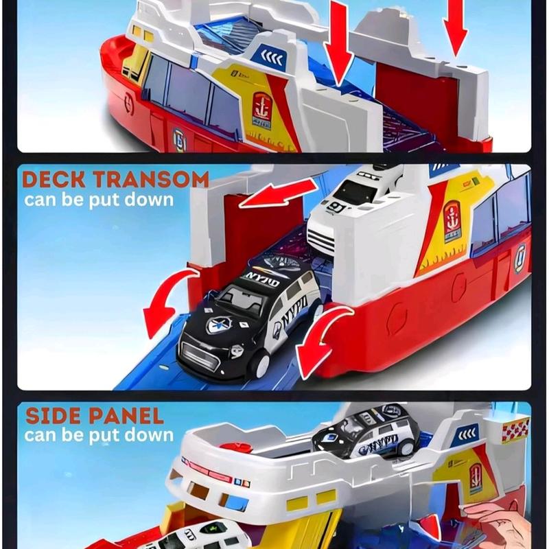 Coast Guard Ship Toy, 1:16 Scale Transport Boat With 3 Super Car, Fire ship model with light and sound, cabin can be opened, Birthday Gift for 3 4 5 6 Year Old Kids 3