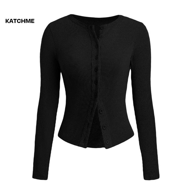 KatchMe Women's Versatile Solid Color Knit Button-Up Long Sleeve Slim Top,Lady Slim-Fitting Top for Daily Holiday Wear,Fall & Winter Crewneck Knitwear 1