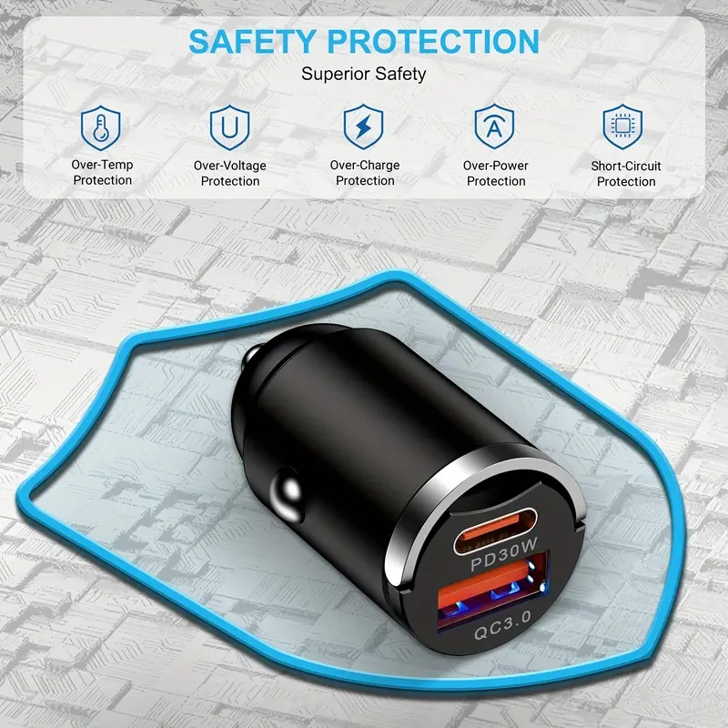 USB A + C dual port fast charging mini pull ring car charger, pd30w + qc3.0 type C car charger adapter, supports 5V 2.4A charging wide compatibility 0