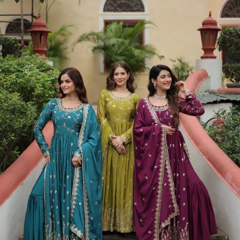 Women's Rimsha Collection Long Embroidered Nyra Cut Anarkali-Style Kurti with Sharara Trousers & Dupatta – Perfect for Eid, Nikah, Walima, Wedding | Pakistani Indian South Asian Salwar Kameez suits stitched outfit unstitched linen chiffon traditional shal