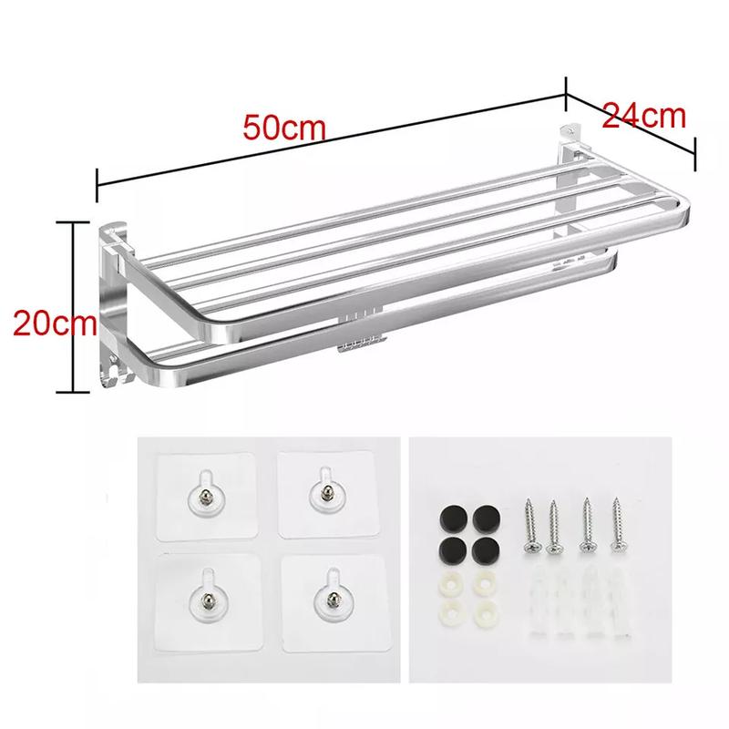 Double Tier Towel Rail Holder Wall Mounted Bathroom Rack Shelf With Hook Folding 2