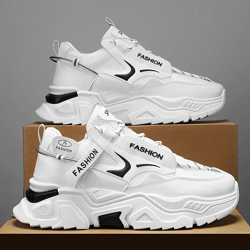 Breathable Mesh Sneakers - 2024 Latest Fashion Trend, Casual & Sporty Lace-Up Shoes with Non-Slip Rubber Sole, Comfortable Low-Top Design for Running & Casual Attire, White with Black Accents Training Trainer