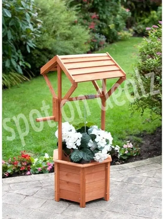 spot on dealz Wishing Well Planter Free Standing Plant Troughs Barrel Outdoor Display Flower Ornament Lawn Porch Decor Wooden Design Decorative Garden Feature 4