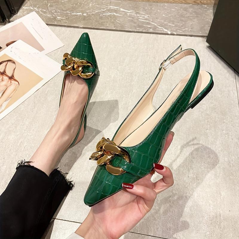 Women's Trendy Chain Decor Flat Shoes, Stylish Point Toe Buckle Strap Shoes, Fashion Slingback Shoes 5