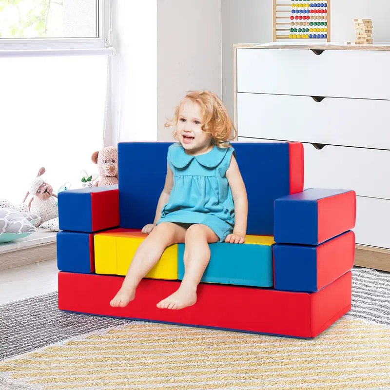 COSTWAY 4-in-1 Convertible Foam Couch Play Set with Skin-friendly PU Leather Cover and Zippers 3