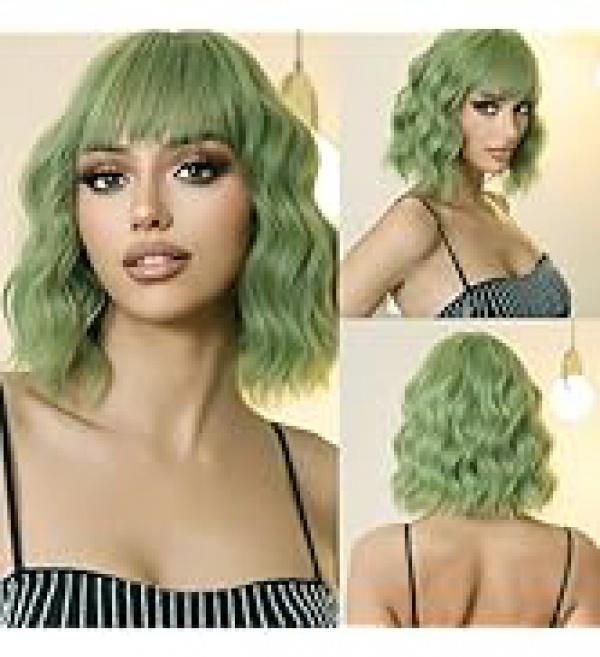 Product Introduction of incohair Green Wigs matcha green Wig with Bangs Women Girls Short Curly Wavy Bob Wig Shoulder Synthetic Party Wigs Wig Cap Included (matcha green) 40