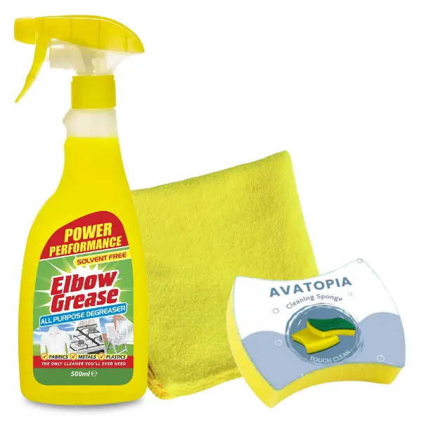Elbow Grease All Purpose Degreaser Spray 500ml, Cleaning Sponge & Microfibre Cloth – Degreaser Kitchen Heavy Duty, Removes Grease & Oil from Kitchen & Bathroom Surfaces, Outdoor, Vehicles & Fabrics
