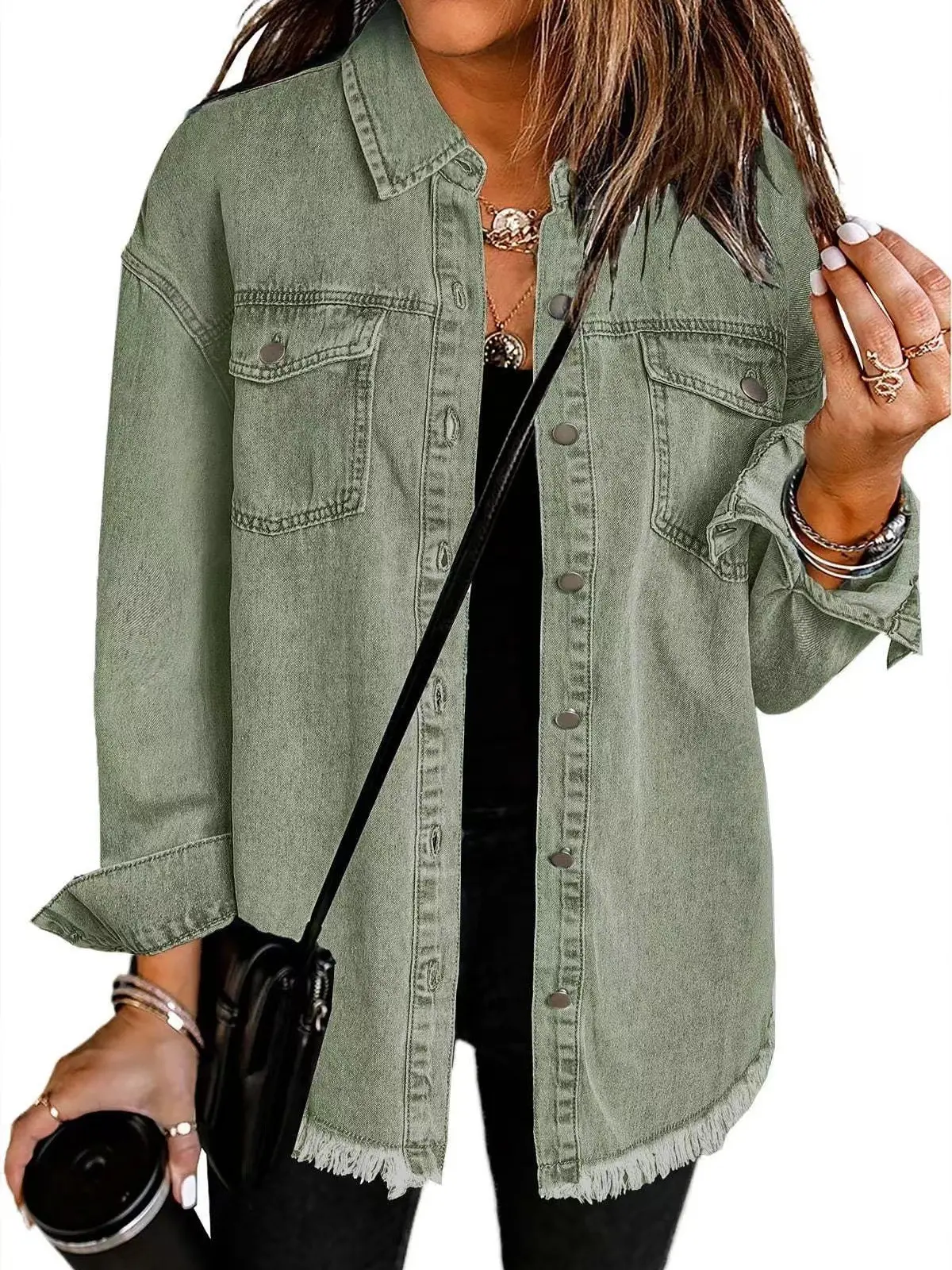 Women’s Oversized Button Up Frayed Hem Shacket Long Sleeve Pockets Denim Jean Jacket Womenswear Coats Comfort Casual Outerwear Fitted