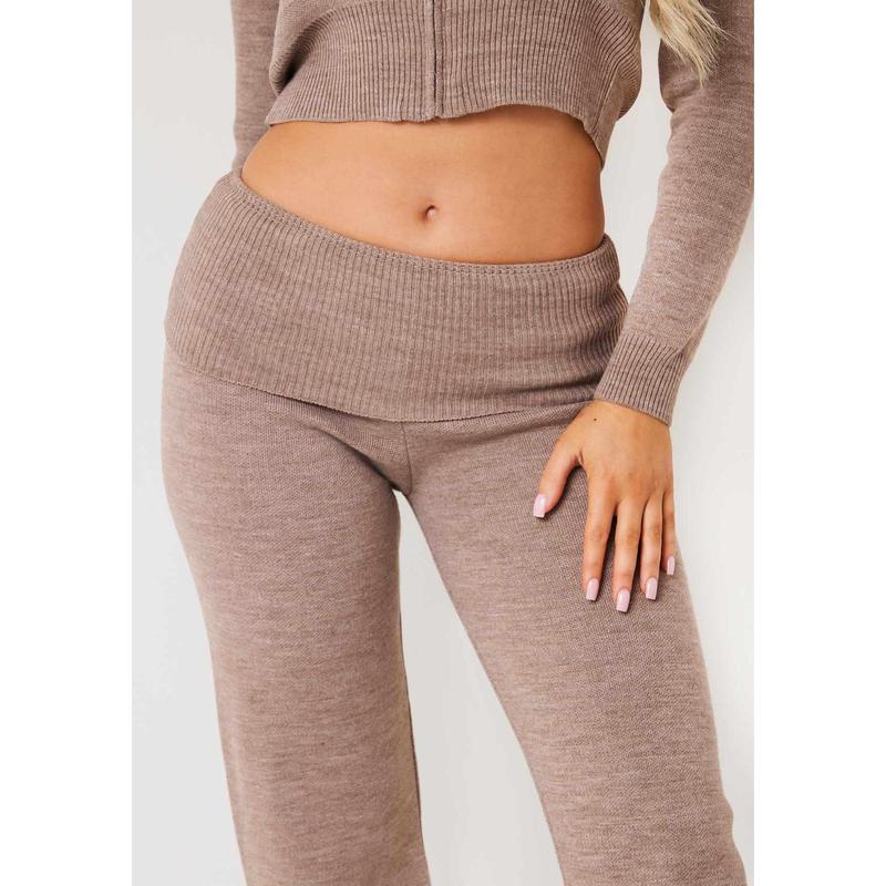 Rina Mocha Knit Fold Over Waist Flare Trousers 2