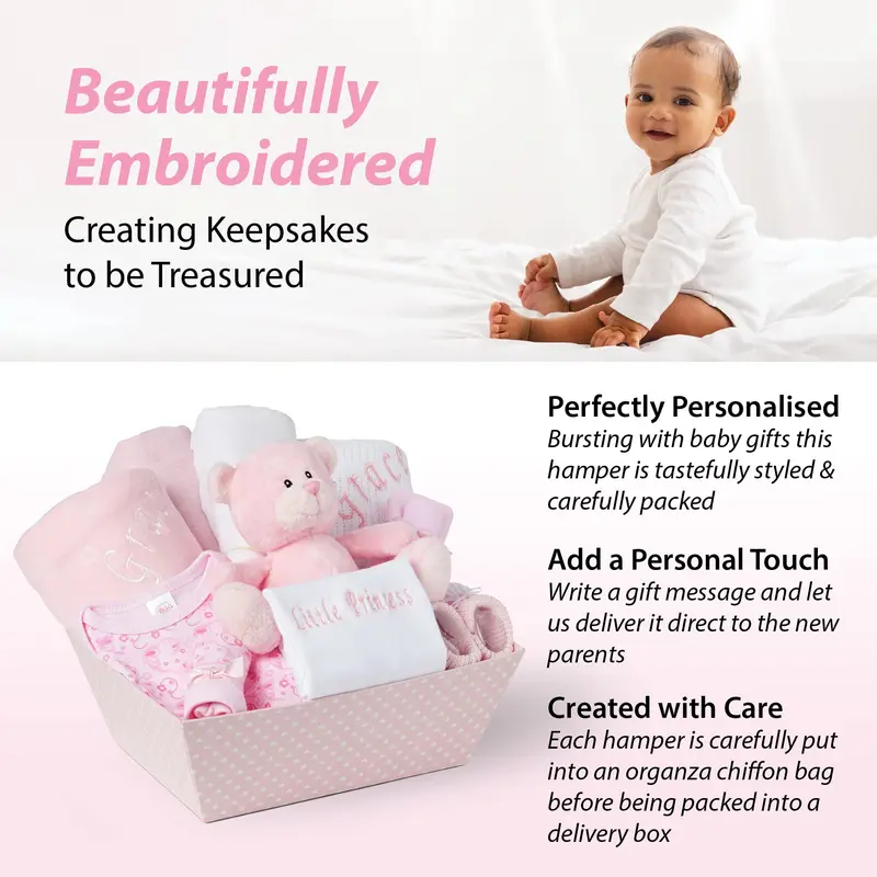 Baby Box Shop Personalised Baby Gift Set - 12 Baby Girl Essentials with 3 Personalised Baby Girl Gifts - Baby Girl Gifts, Newborn Baby Girl Hamper Basket Gifts with Personalised Baby Blankets, Pink 2