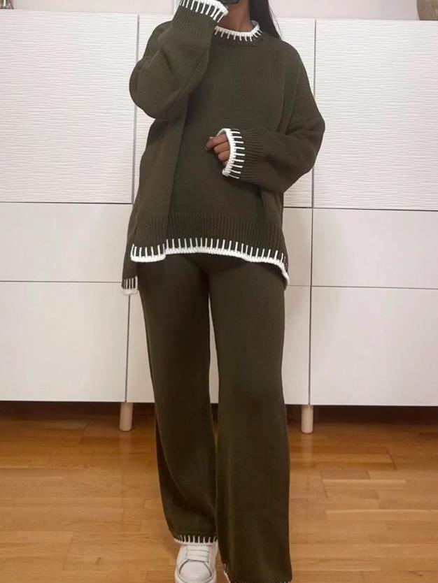 Product Introduction of Women's Stitched Knitted Jumper Top Wide Leg Trousers 2PCS Co ord Loungewear Set Long Sleeve Winter Basic Comfort Womenswear Casual Comfortable Coord Fit Overalls 5