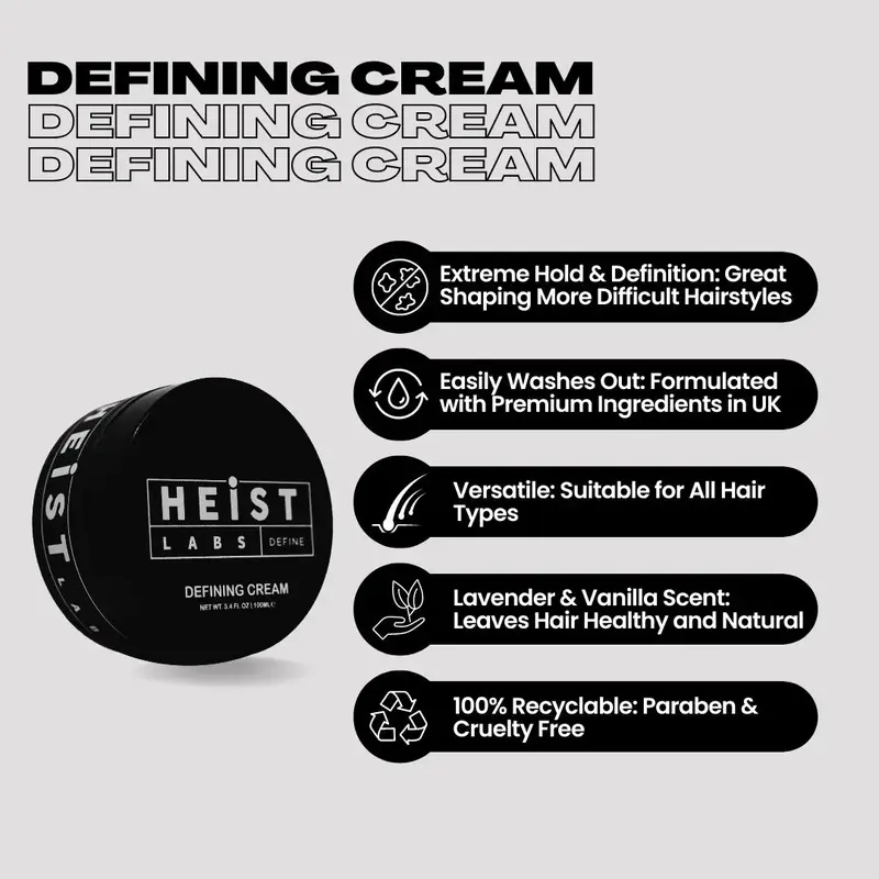 Heist Labs Defining Cream 100ml – Professional Styling with Extreme Hold & Definition, Ideal for Pompadour & Slick Back, Lavender & Vanilla Scent, Paraben & Sulphate Free, for All Hair Types 2