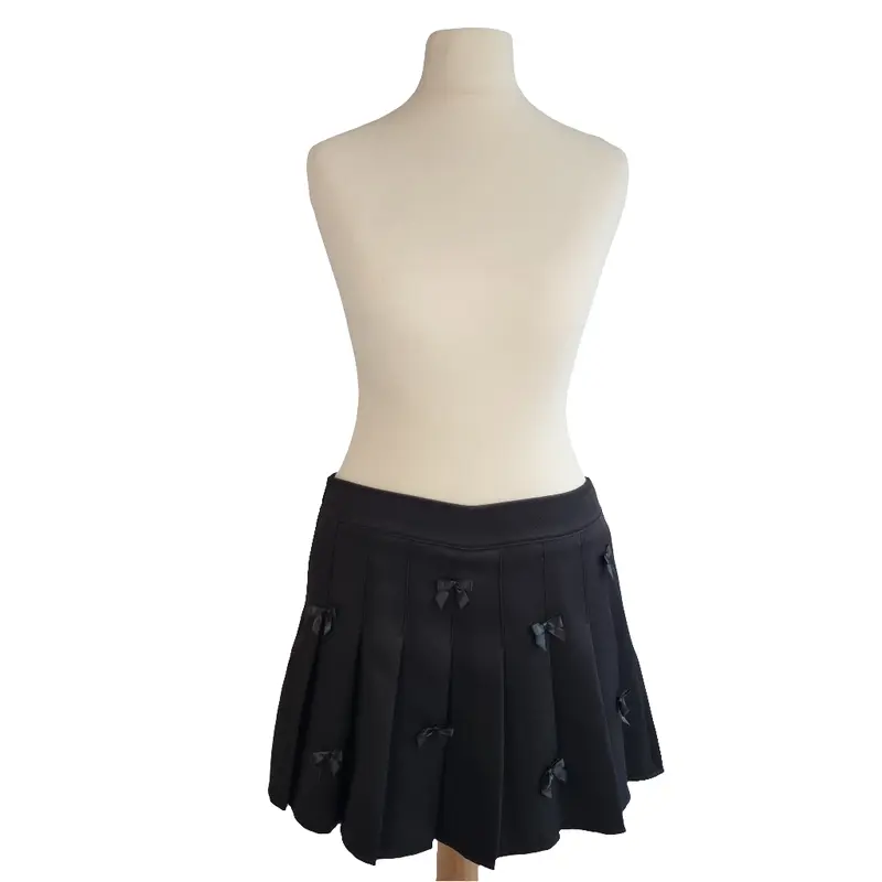 Black Pleated Mini Skirt with Ribbon Bow Accents 1