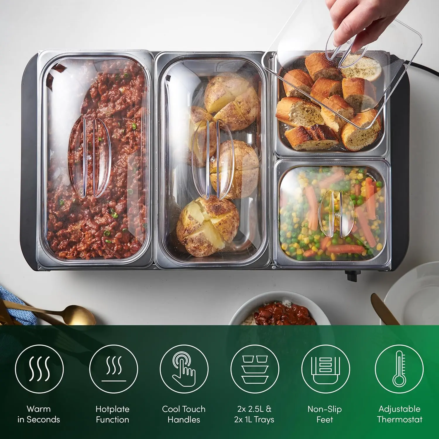 3-Pan Buffet Server, 3 x 2.5L Capacity Per Pans, 300W Food Warmer with Adjustable Temperature, Portable Hot Plate & Chafing Dish, Bain Marie Steam Table for Catering & Entertaining