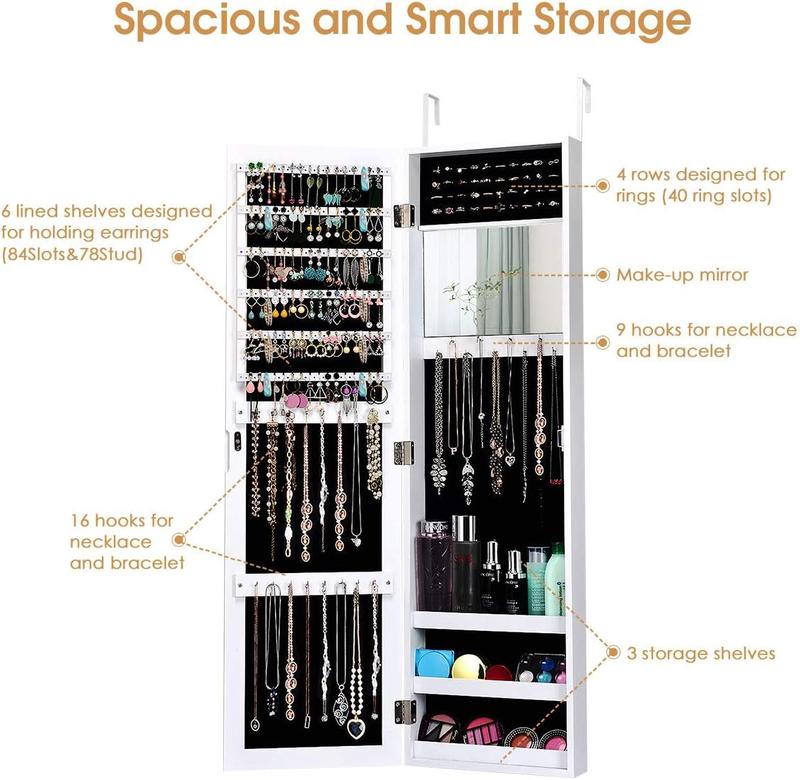 COSTWAY Jewellery Cabinet Armoire, Door Hanging/Wall Mounted Jewelry Organiser with Full Length Mirror and Built-in Makeup Mirror, Home Bedroom Dressing Cosmetics Jewellery Storage Unit Gift 4