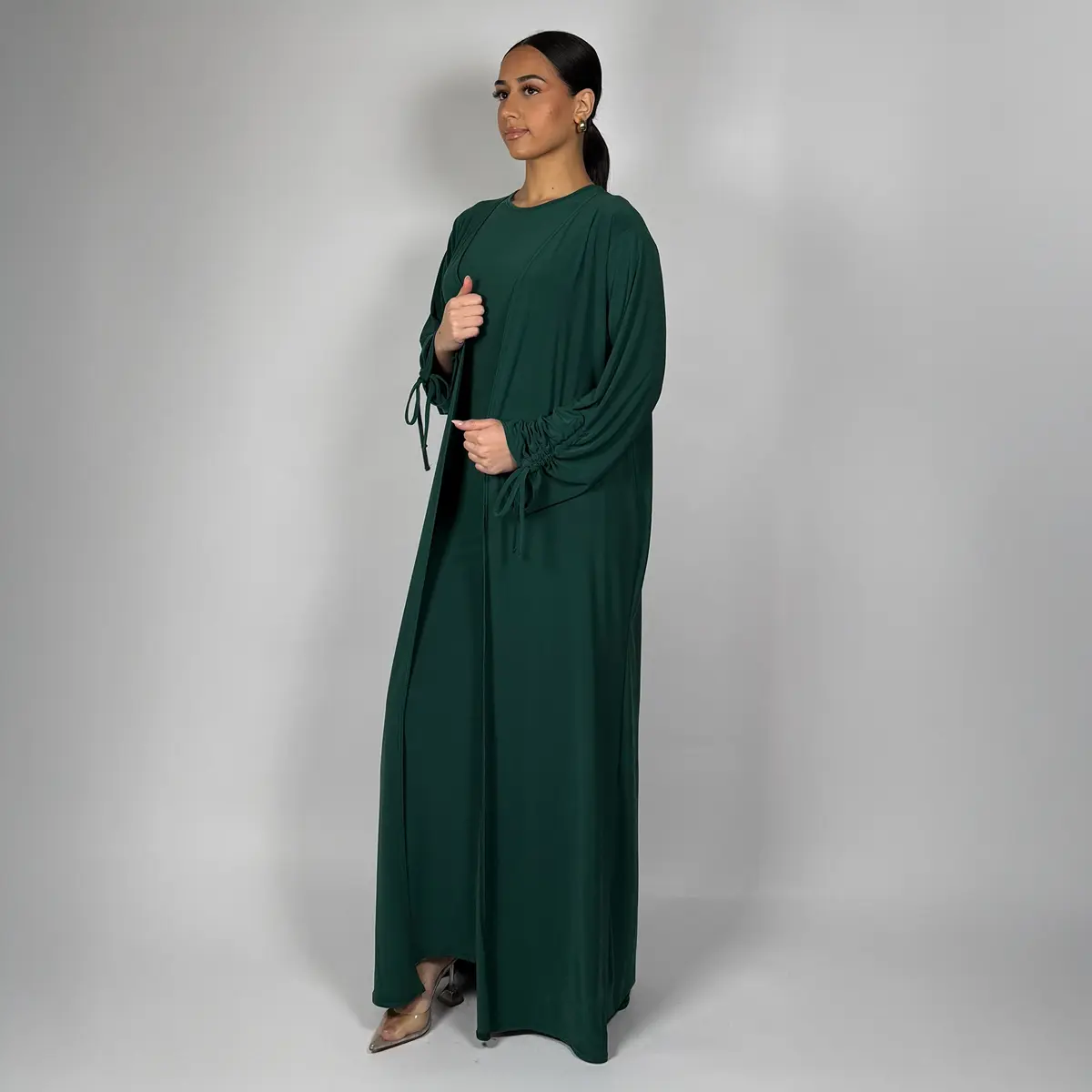 kafti Elegant Modest Green Ramadan Abaya With Matching Slip Dress - Tie-Sleeve Open Abaya Set Womenswear