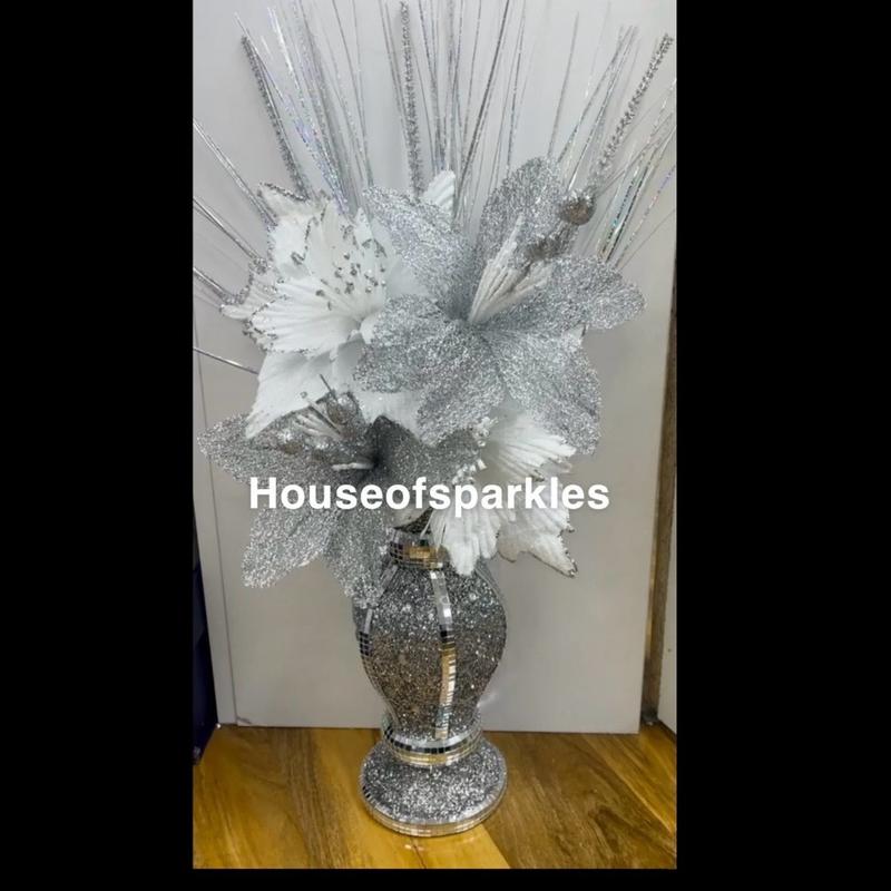 CRUSHED DIAMOND SILVER MOSAIC VASE WITH WHITE AND SILVER FLOWERS, EXTRA SPARKLY 0