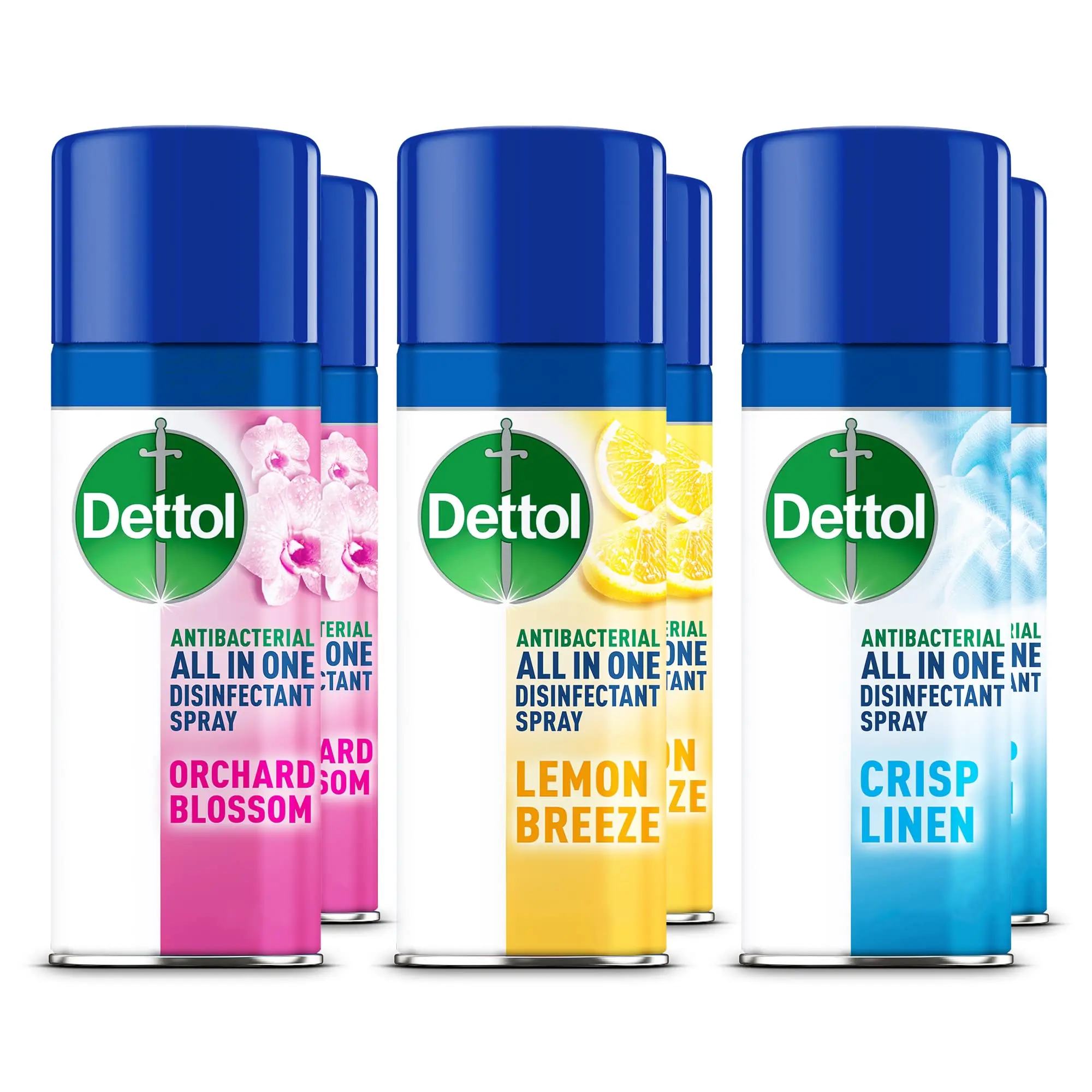 Dettol All-in-One Disinfectant Spray Pack of 6 Antibacterial Disinfectant Spray, 2 x Lemon Breeze, 2 x Crisp Linen and 2 x Orchard Blossom Anti-bacterial Anti-grease  Kitchen Toilet